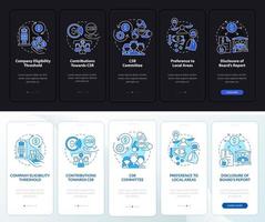 CSR basics dark and light onboarding mobile app page screen. Walkthrough 5 steps graphic instructions with concepts. UI, UX, GUI vector template with linear night and day mode illustrations