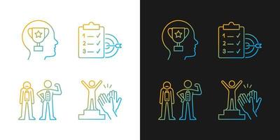 Intrinsic motivation gradient icons set for dark and light mode. Need for recognition, approval. Thin line contour symbols bundle. Isolated vector outline illustrations collection on black and white