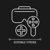 Use with game controller white linear manual label icon for dark theme. Thin line customizable illustration. Isolated vector contour symbol for night mode for product use instructions. Editable stroke