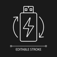 Lithium ion battery white linear manual label icon for dark theme. Thin line customizable illustration. Isolated vector contour symbol for night mode for product use instructions. Editable stroke