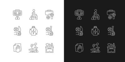 VR glasses instructions linear manual label icons set for dark and light mode. Customizable thin line symbols. Isolated vector outline illustrations for product use instructions. Editable stroke