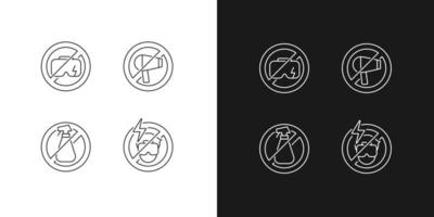 VR headset care linear manual label icons set for dark and light mode. Customizable thin line symbols. Isolated vector outline illustrations for product use instructions. Editable stroke