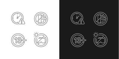Iconos de etiquetas manuales lineales de uso de auriculares vr configurados para modo oscuro y claro. símbolos de línea fina personalizables. ilustraciones de contorno de vector aislado para instrucciones de uso del producto. trazo editable