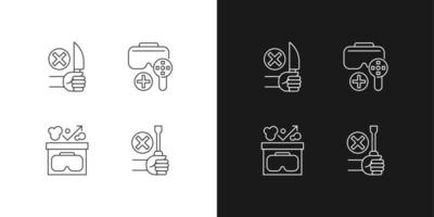 VR helmet usage guide linear manual label icons set for dark and light mode. Customizable thin line symbols. Isolated vector outline illustrations for product use instructions. Editable stroke
