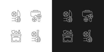 VR helmet usage guide linear manual label icons set for dark and light mode. Customizable thin line symbols. Isolated vector outline illustrations for product use instructions. Editable stroke