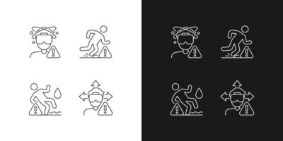 VR headset warning linear manual label icons set for dark and light mode. Customizable thin line symbols. Isolated vector outline illustrations for product use instructions. Editable stroke