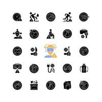 Virtual reality headset usage instruction black glyph manual label icons set on white space. VR device restrictions. Silhouette symbols. Vector isolated illustration for product use instructions