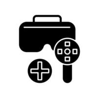 Can be used with a game controller black glyph manual label icon. Vr headset with eye tracking sensors. Silhouette symbol on white space. Vector isolated illustration for product use instructions