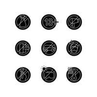 Vr glasses usage restrictions black glyph manual label icons set on white space. Virtual reality device. Silhouette symbols. Vector isolated illustration for product use instructions