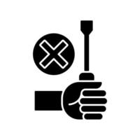 Do not repair yourself black glyph manual label icon. Do not attempt fix device yourself. Silhouette symbol on white space. Vector isolated illustration for product use instructions