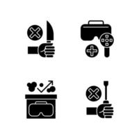 Virtual reality helmet usage guide black glyph manual label icons set on white space. VR glasses instructions. Silhouette symbols. Vector isolated illustration for product use instructions