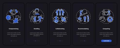 Conflict resolutions onboarding mobile app page screen. Work relations walkthrough 5 steps graphic instructions with concepts. UI, UX, GUI vector template with linear night mode illustrations
