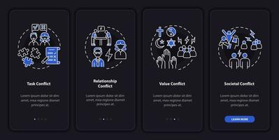 diferentes conflictos al incorporar la pantalla de la página de la aplicación móvil. tutorial de relaciones 4 pasos instrucciones gráficas con conceptos. ui, ux, plantilla de vector de interfaz gráfica de usuario con ilustraciones lineales en modo nocturno