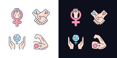 conjunto de iconos de color rgb de tema claro y oscuro de girl power. liderazgo en movimiento. relaciones equitativas. ilustraciones de vectores aislados en el espacio blanco y negro. paquete de dibujos de líneas rellenas simples