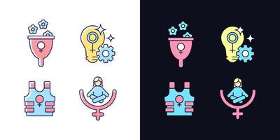 Conjunto de iconos de color rgb de tema claro y oscuro de feminismo moderno. apoyar el bienestar de las mujeres. realizar el potencial femenino. ilustraciones de vectores aislados en el espacio blanco y negro. paquete de dibujos de líneas rellenas simples