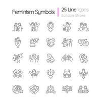 Feminism symbols linear icons set. Supporting equal rights for women. Pride in sisterhood. Girl power. Customizable thin line contour symbols. Isolated vector outline illustrations. Editable stroke