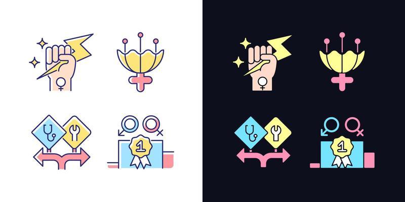 Women empowerment light and dark theme RGB color icons set. Female authority. Femininity attribute. Isolated vector illustrations on white and black space. Simple filled line drawings pack