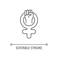 Female symbol linear icon. Pride in sisterhood. Clenched fist in venus sign. Self respect. Thin line customizable illustration. Contour symbol. Vector isolated outline drawing. Editable stroke