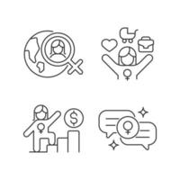 Mainstream feminism linear icons set. Women rights movement across globe. Full-time working mom. Customizable thin line contour symbols. Isolated vector outline illustrations. Editable stroke