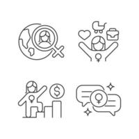 Mainstream feminism linear icons set. Women rights movement across globe. Full-time working mom. Customizable thin line contour symbols. Isolated vector outline illustrations. Editable stroke