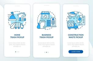 Waste collection and pickup blue onboarding mobile app page screen. Trash management walkthrough 3 steps graphic instructions with concepts. UI, UX, GUI vector template with linear color illustrations