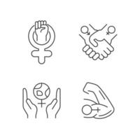Girl power linear icons set. Leadership in movement. Equitable relationships. Feminism support. Customizable thin line contour symbols. Isolated vector outline illustrations. Editable stroke
