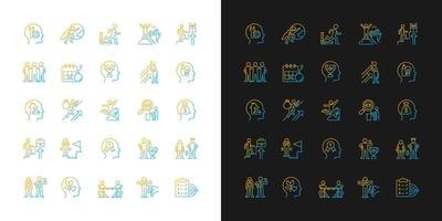 Motivation gradient icons set for dark and light mode. Goal accomplishment. Force to achieve aim. Thin line contour symbols bundle. Isolated vector outline illustrations collection on black and white