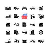 Car accident types black glyph icons set on white space. Road traffic crashes. Distracted driving. Property damage. Risk for serious injury. Silhouette symbols. Vector isolated illustration