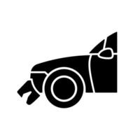 Broken bumper black glyph icon. Car crash. Visible external damage. Striking another vehicle. Rear-end collision. Scratched bumper. Silhouette symbol on white space. Vector isolated illustration