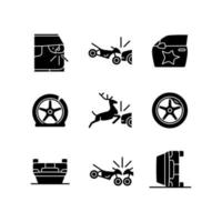 Common car crashes black glyph icons set on white space. Rollover accidents. Wildlife vehicle collision. Damaged car equipment. Motorcycle crashes. Silhouette symbols. Vector isolated illustration