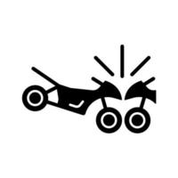 Motorcycles accident black glyph icon. Head-on collision of two motorcyclists. Speeding-related crashes. Colliding with bikes in roadway. Silhouette symbol on white space. Vector isolated illustration