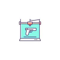 3d firearms printing RGB color icon. 3d printable gun fabrication. Licensed weapon manufacture. Military application. Additive manufacturing. Isolated vector illustration. Simple filled line drawing