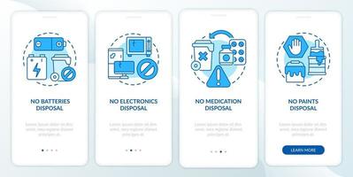 Not accepted rubbish blue onboarding mobile app page screen. Not disposal waste walkthrough 4 steps graphic instructions with concepts. UI, UX, GUI vector template with linear color illustrations