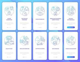 Hypertensive heart disease onboarding mobile app page screen set. Healthy lifestyle walkthrough 5 steps graphic instructions with concepts. UI, UX, GUI vector template with linear color illustrations