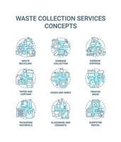 Waste collection services blue concept icons set. Recycling and disposal idea thin line color illustrations. Garbage collection. Trash types. Vector isolated outline drawings. Editable stroke