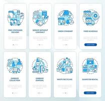 Garbage management service blue onboarding mobile app page screen set. Recycling walkthrough 4 steps graphic instructions with concepts. UI, UX, GUI vector template with linear color illustrations