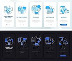 sistema de cámara de seguridad que instala la pantalla de la página de la aplicación móvil incorporada. tutorial 5 pasos instrucciones gráficas con conceptos. ui, ux, plantilla de vector de interfaz gráfica de usuario con ilustraciones lineales en modo día y noche