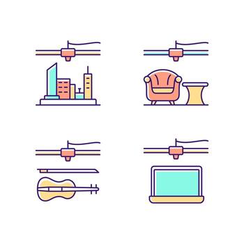 Three dimensional objects production RGB color icons set. 3d city model. Furniture industry. Electronics fabrication process. Isolated vector illustrations. Simple filled line drawings collection