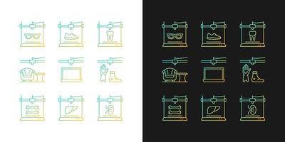 Additive manufacturing gradient icons set for dark and light mode. Producing 3d models. Thin line contour symbols bundle. Isolated vector outline illustrations collection on black and white