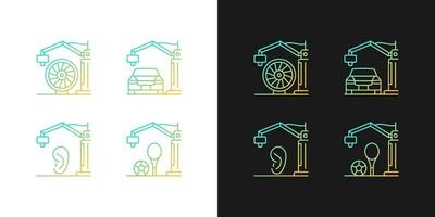 Manufacturing process gradient icons set for dark and light mode. 3d printed car. Artificial ear. Thin line contour symbols bundle. Isolated vector outline illustrations collection on black and white