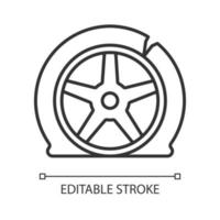 Tyre damage linear icon. Vehicle accident. Car tire defects. Bad road conditions. Tire blowout. Thin line customizable illustration. Contour symbol. Vector isolated outline drawing. Editable stroke