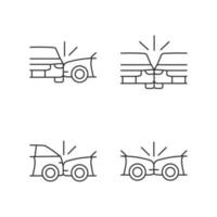 Vehicle crashes linear icons set. T-bone collision. Sideswipe car accident. Hitting auto from behind. Customizable thin line contour symbols. Isolated vector outline illustrations. Editable stroke