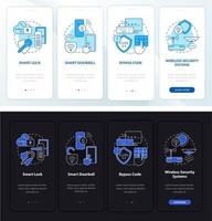 pantalla de la página de la aplicación móvil de incorporación de hogares inteligentes. tutorial de domótica 4 pasos instrucciones gráficas con conceptos. ui, ux, plantilla de vector de interfaz gráfica de usuario con ilustraciones lineales en modo día y noche