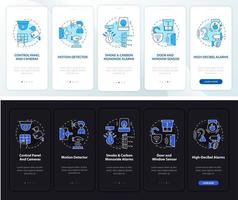 Property security system onboarding mobile app page screen. Smart home walkthrough 5 steps graphic instructions with concepts. UI, UX, GUI vector template with linear night and day mode illustrations