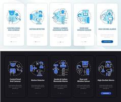 la pantalla de la página de la aplicación móvil de incorporación del sistema de seguridad de la propiedad. tutorial de casa inteligente 5 pasos instrucciones gráficas con conceptos. ui, ux, plantilla de vector de interfaz gráfica de usuario con ilustraciones lineales en modo día y noche