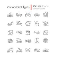 Conjunto de iconos lineales de tipos de accidentes de coche. accidentes de tráfico. Conducción distraida. riesgo de lesiones graves. símbolos de contorno de línea fina personalizables. ilustraciones de contorno de vector aislado. trazo editable