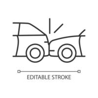 Rear-end collision linear icon. Hitting vehicle from behind. Accident in congested traffic. Thin line customizable illustration. Contour symbol. Vector isolated outline drawing. Editable stroke