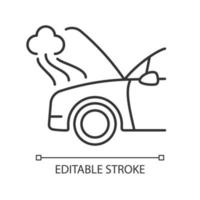 Car engine damage linear icon. Front end collision. Mechanical breakdown. Broken transmission. Thin line customizable illustration. Contour symbol. Vector isolated outline drawing. Editable stroke