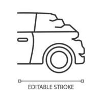 Broken boot linear icon. Bumping vehicle from behind. Rear-end collision. Trunk malfunction. Thin line customizable illustration. Contour symbol. Vector isolated outline drawing. Editable stroke