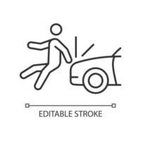 Collision involving pedestrian linear icon. Hitting walker by car. Hit-and-run accident. Thin line customizable illustration. Contour symbol. Vector isolated outline drawing. Editable stroke